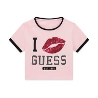 Къса тениска Guess за момиче с лого и камъчета