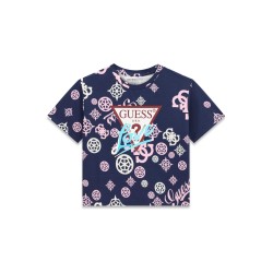 Памучна тениска Guess за момиче с лого и принт
