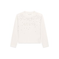 Памучна блуза Guess за момиче с камъчета и лого