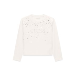 Памучна блуза Guess за момиче с камъчета и лого