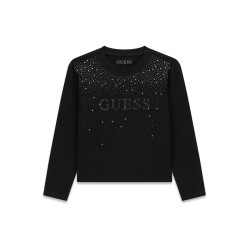 Памучна блуза Guess за момиче с камъчета и лого