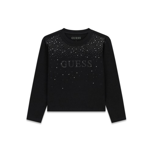 Памучна блуза Guess за момиче с камъчета и лого
