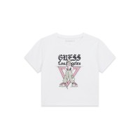 Къса тениска Guess за момиче с лого и кристални камъчета