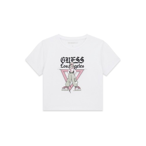Къса тениска Guess за момиче с лого и кристални камъчета