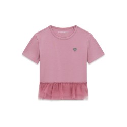 Тениска Guess за момиче с лого сърце и тюл в долната част