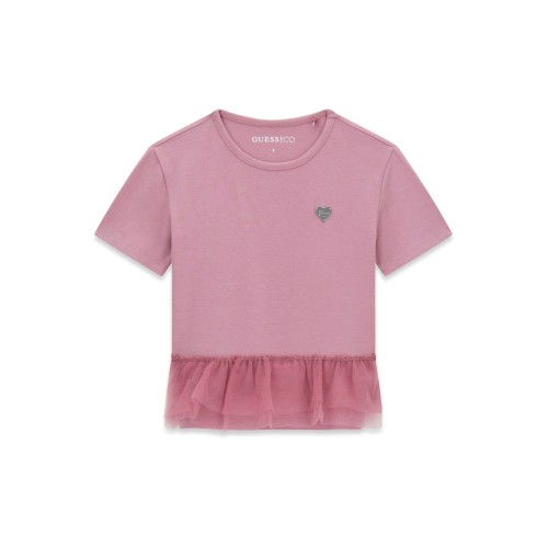 Тениска Guess за момиче с лого сърце и тюл в долната част
