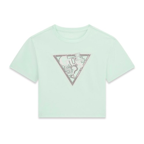 Къса тениска Guess за момиче с лого и пайети