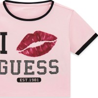 Къса тениска Guess за момиче с лого и камъчета